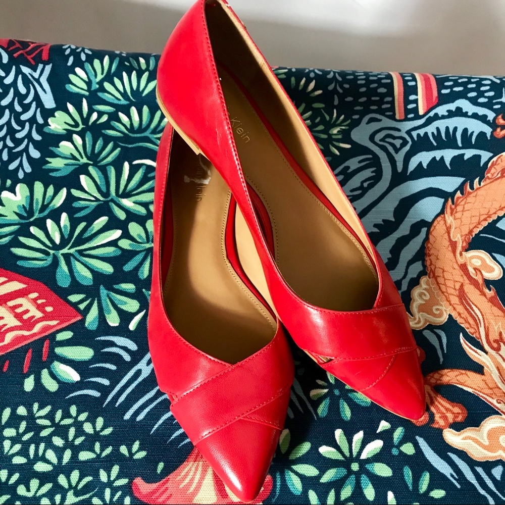 Calvin Klein red leather pointed toe ballet flats
